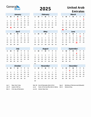 United Arab Emirates current year calendar 2025 with holidays