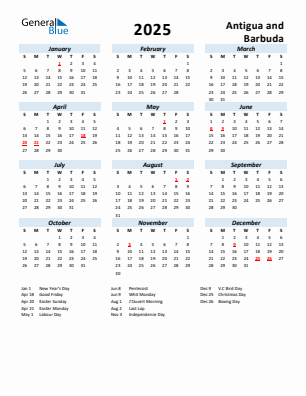 Antigua and Barbuda current year calendar 2025 with holidays