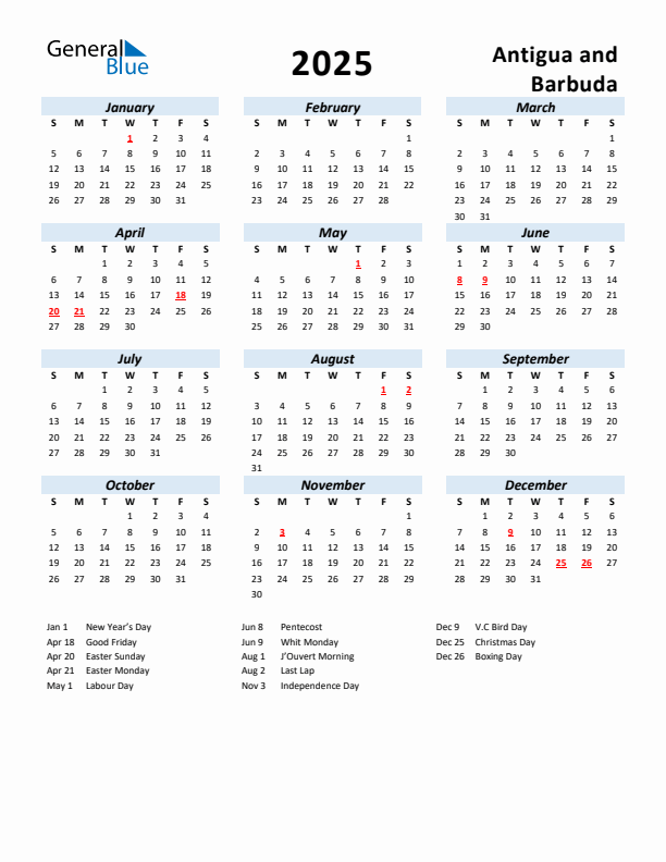 2025 Calendar for Antigua and Barbuda with Holidays