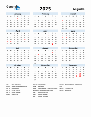 Anguilla current year calendar 2025 with holidays