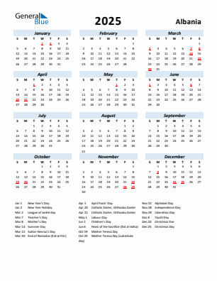 Albania current year calendar 2025 with holidays