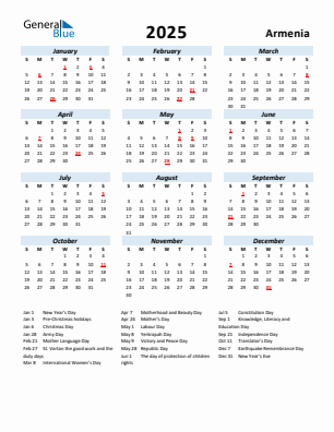 Armenia current year calendar 2025 with holidays