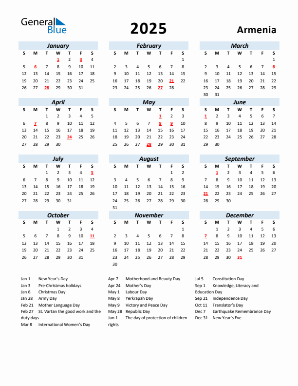 2025 Calendar for Armenia with Holidays