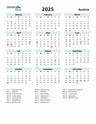 Austria current year calendar 2025 with holidays