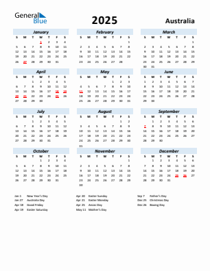 Australia current year calendar 2025 with holidays