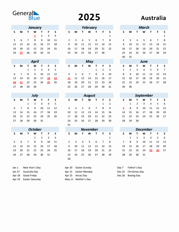 2025 Calendar for Australia with Holidays