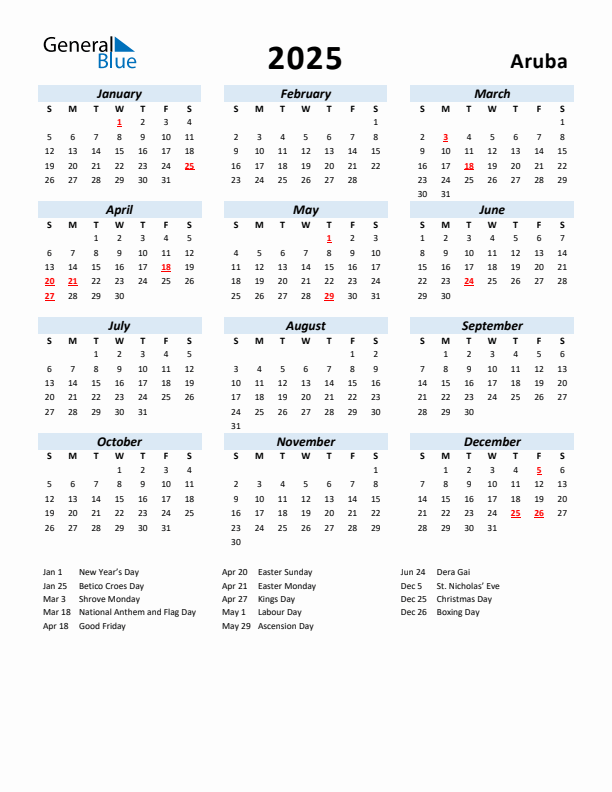 2025 Calendar for Aruba with Holidays