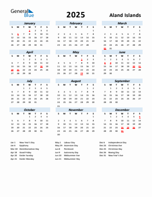 Aland Islands current year calendar 2025 with holidays