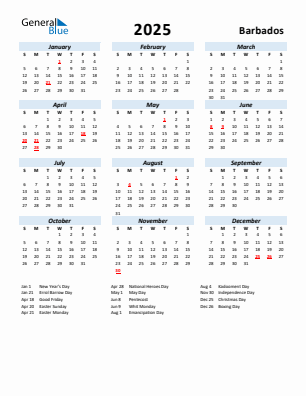 Barbados current year calendar 2025 with holidays