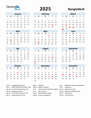 Bangladesh current year calendar 2025 with holidays