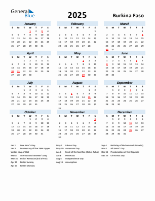 Burkina Faso current year calendar 2025 with holidays