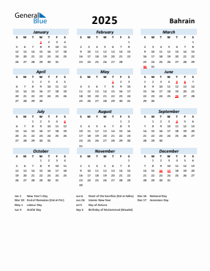 Bahrain current year calendar 2025 with holidays