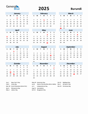 Burundi current year calendar 2025 with holidays