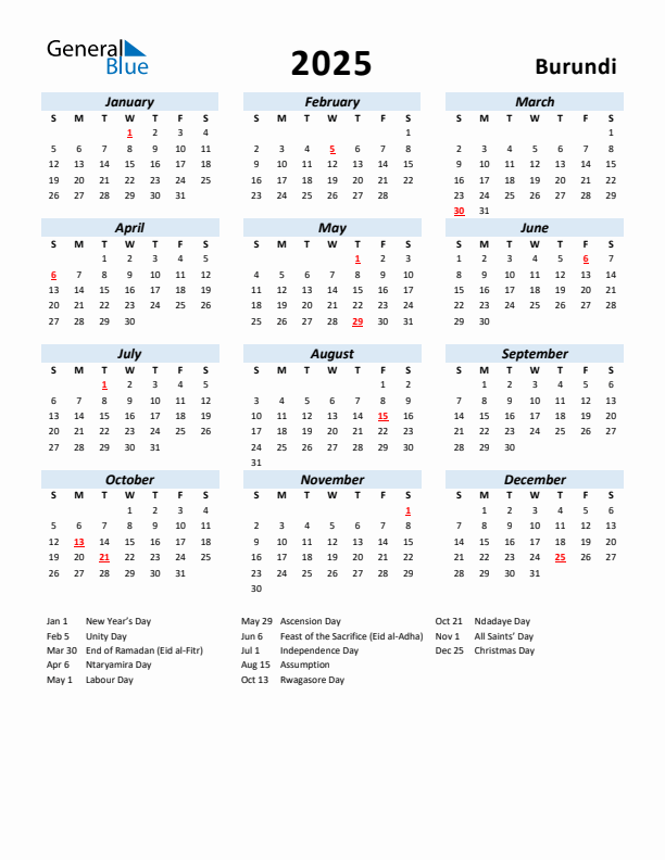 2025 Calendar for Burundi with Holidays