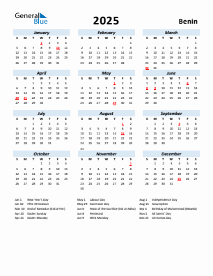 Benin current year calendar 2025 with holidays