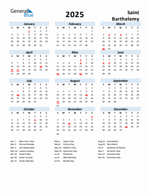 Saint Barthelemy current year calendar 2025 with holidays