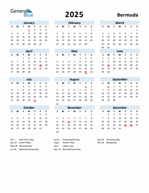 Bermuda current year calendar 2025 with holidays