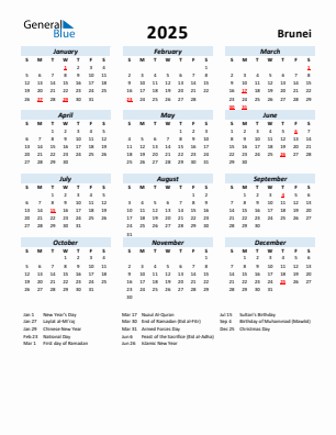 Brunei current year calendar 2025 with holidays