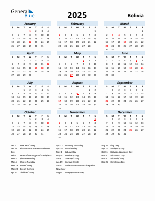 Bolivia current year calendar 2025 with holidays