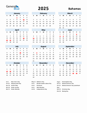 Bahamas current year calendar 2025 with holidays