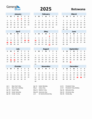 Botswana current year calendar 2025 with holidays