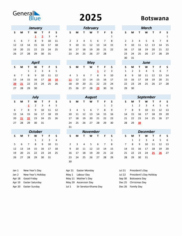 2025 Calendar for Botswana with Holidays