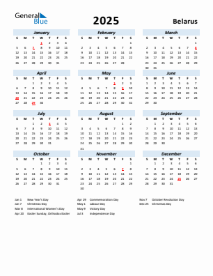 Belarus current year calendar 2025 with holidays