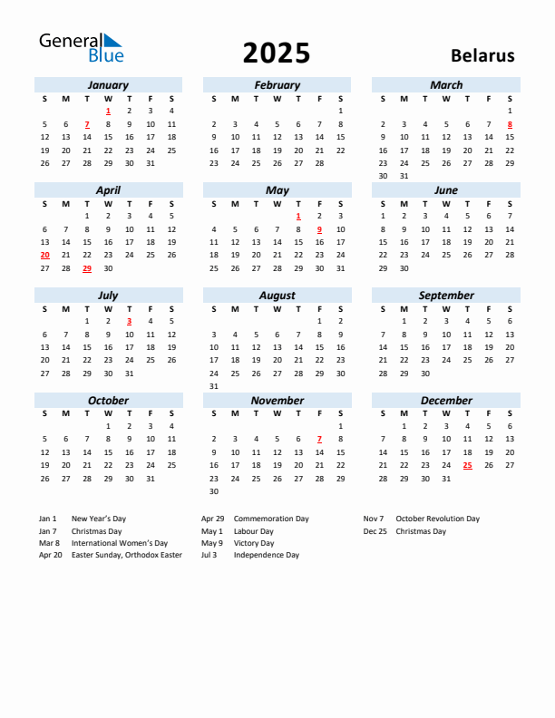 2025 Calendar for Belarus with Holidays