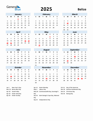 Belize current year calendar 2025 with holidays