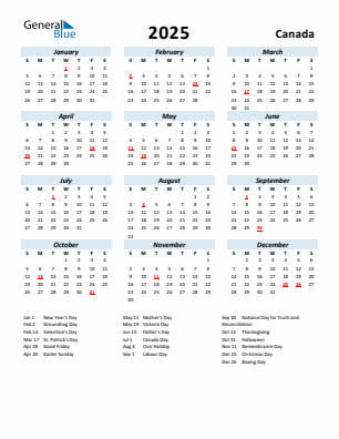 Canada current year calendar 2025 with holidays