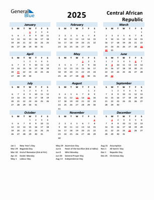 Central African Republic current year calendar 2025 with holidays