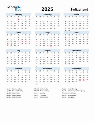 Switzerland current year calendar 2025 with holidays