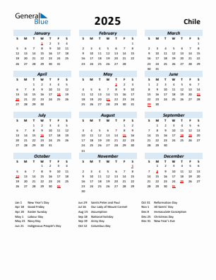 Chile current year calendar 2025 with holidays