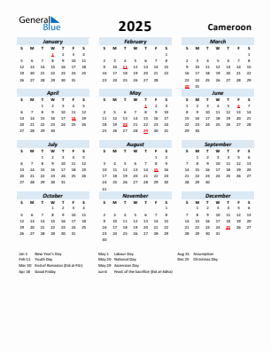 Cameroon current year calendar 2025 with holidays