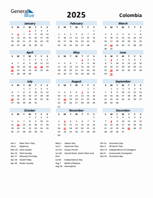 Colombia current year calendar 2025 with holidays