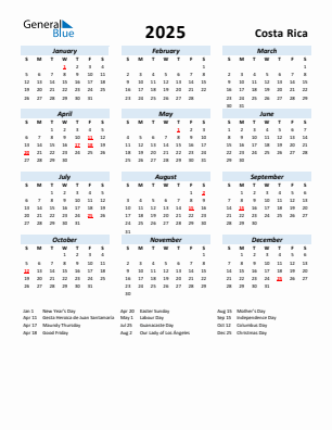 Costa Rica current year calendar 2025 with holidays