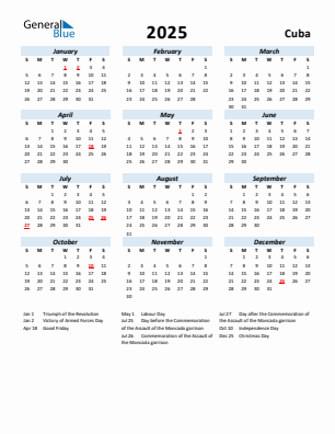 Cuba current year calendar 2025 with holidays