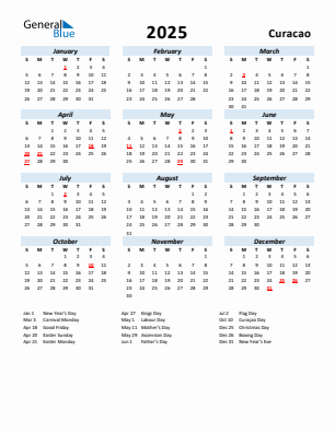 Curacao current year calendar 2025 with holidays