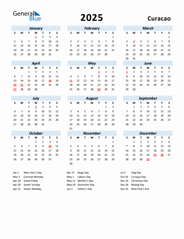 2025 Calendar for Curacao with Holidays