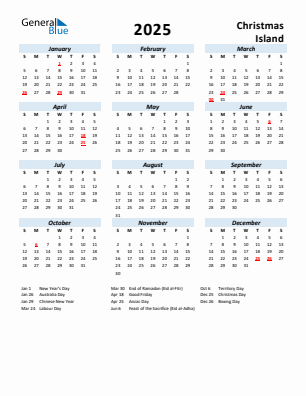 Christmas Island current year calendar 2025 with holidays