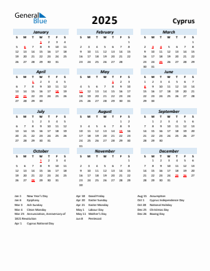 Cyprus current year calendar 2025 with holidays