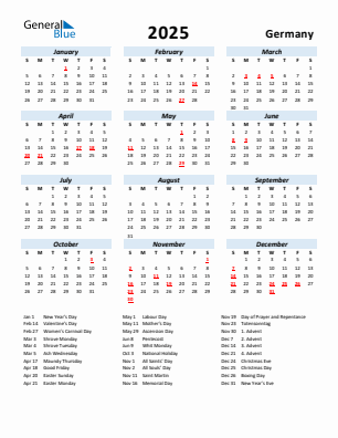 Germany current year calendar 2025 with holidays