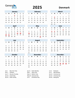 Denmark current year calendar 2025 with holidays