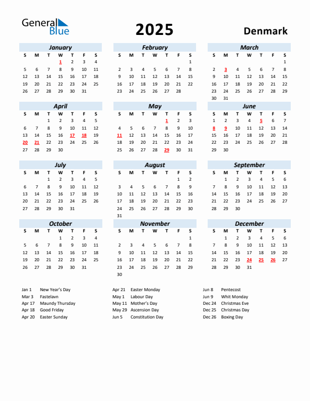 2025 Calendar for Denmark with Holidays