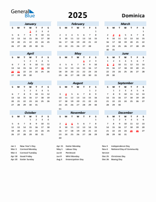 Dominica current year calendar 2025 with holidays