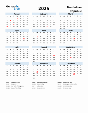 Dominican Republic current year calendar 2025 with holidays