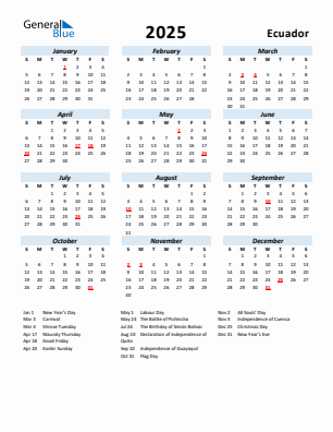 Ecuador current year calendar 2025 with holidays