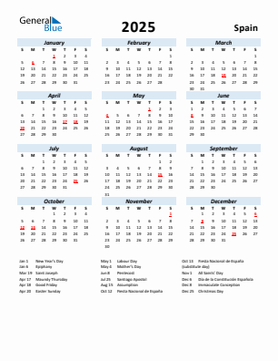 Spain current year calendar 2025 with holidays