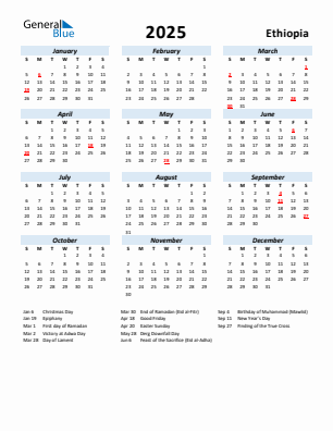 Ethiopia current year calendar 2025 with holidays