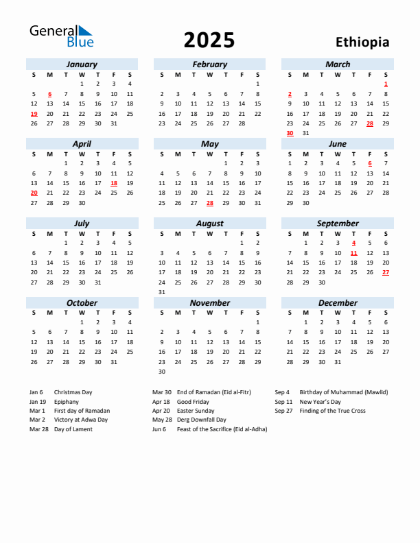 2025 Calendar for Ethiopia with Holidays